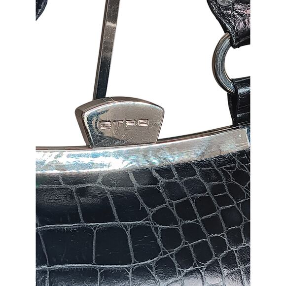 Etro Satchel Bag Black Embossed Leather Top Handle Doctor Frame Handbag Italy - Picture 5 of 15